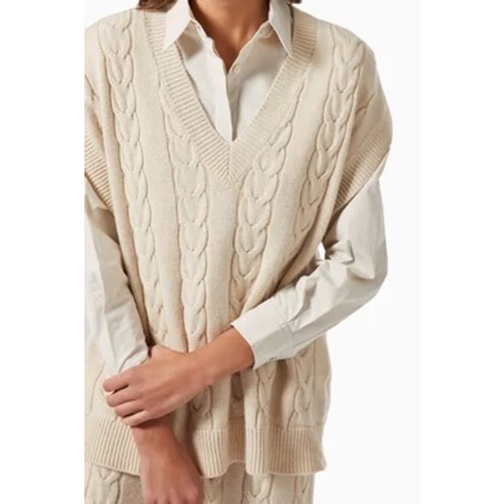 The Frankie Shop Jules Wool Blend Cable Knit V-Neck Cream Vest S